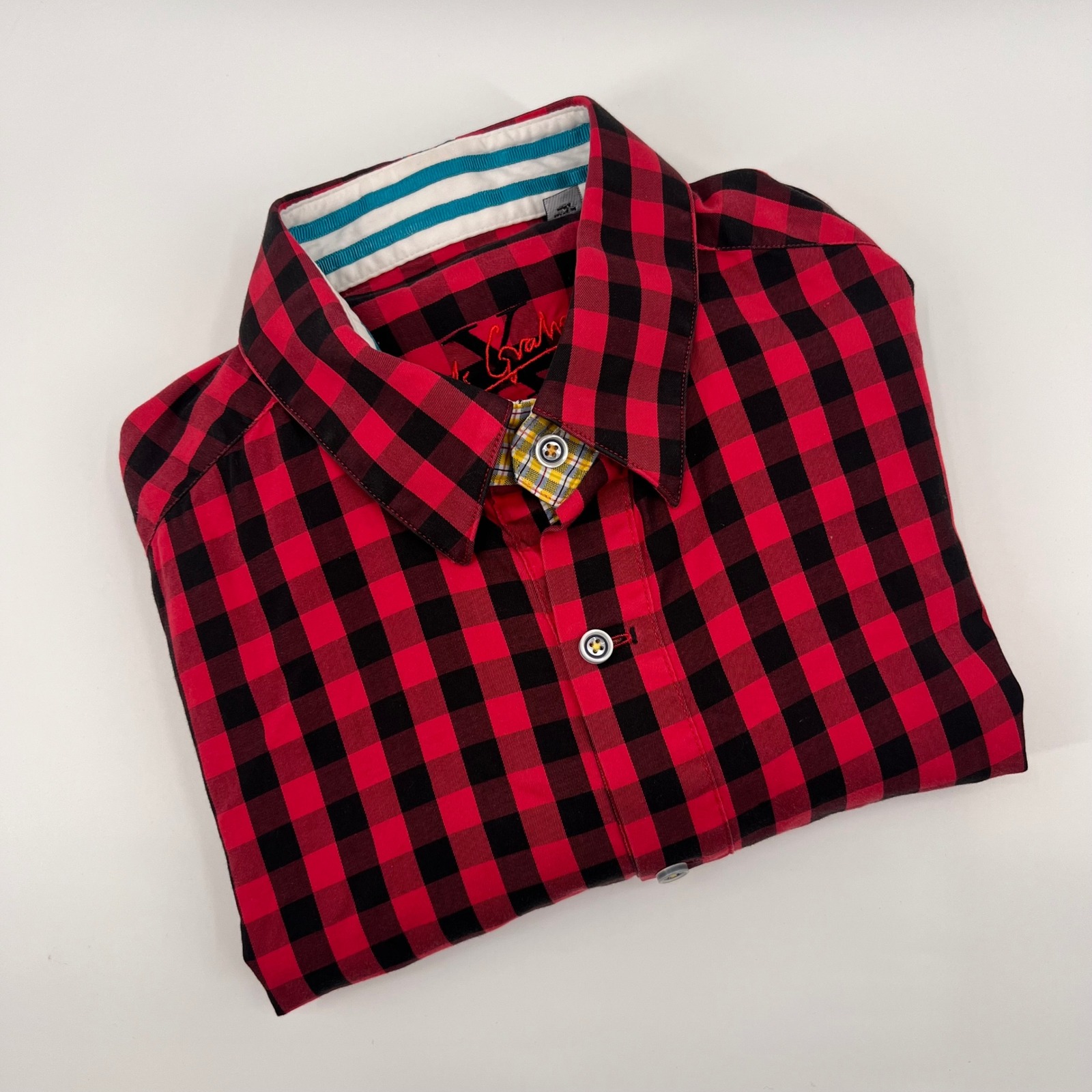Robert Graham Mens Medium Red Black Gingham Plaid Button Up Shirt Button Down